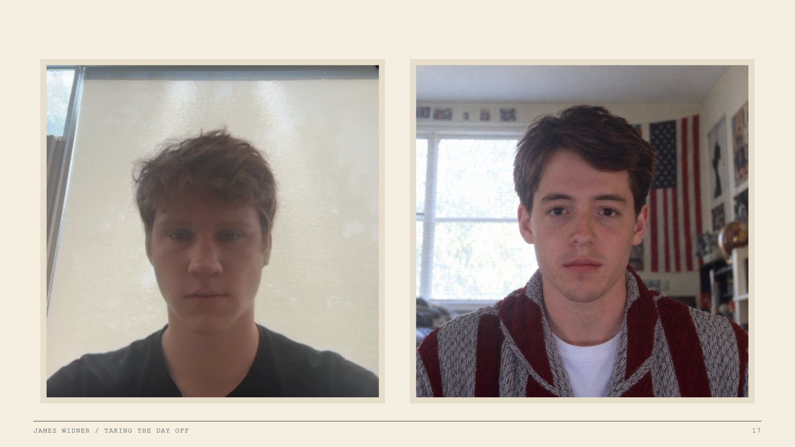 Slide: James on his webcam beside the camera-matched Ferris portrait.